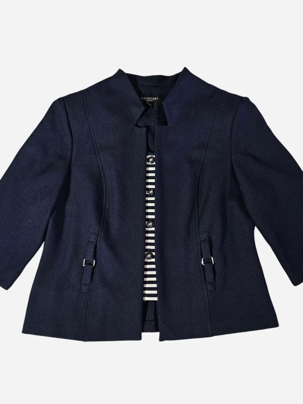 Perceptions Navy Collarless Blazer with Striped Placket